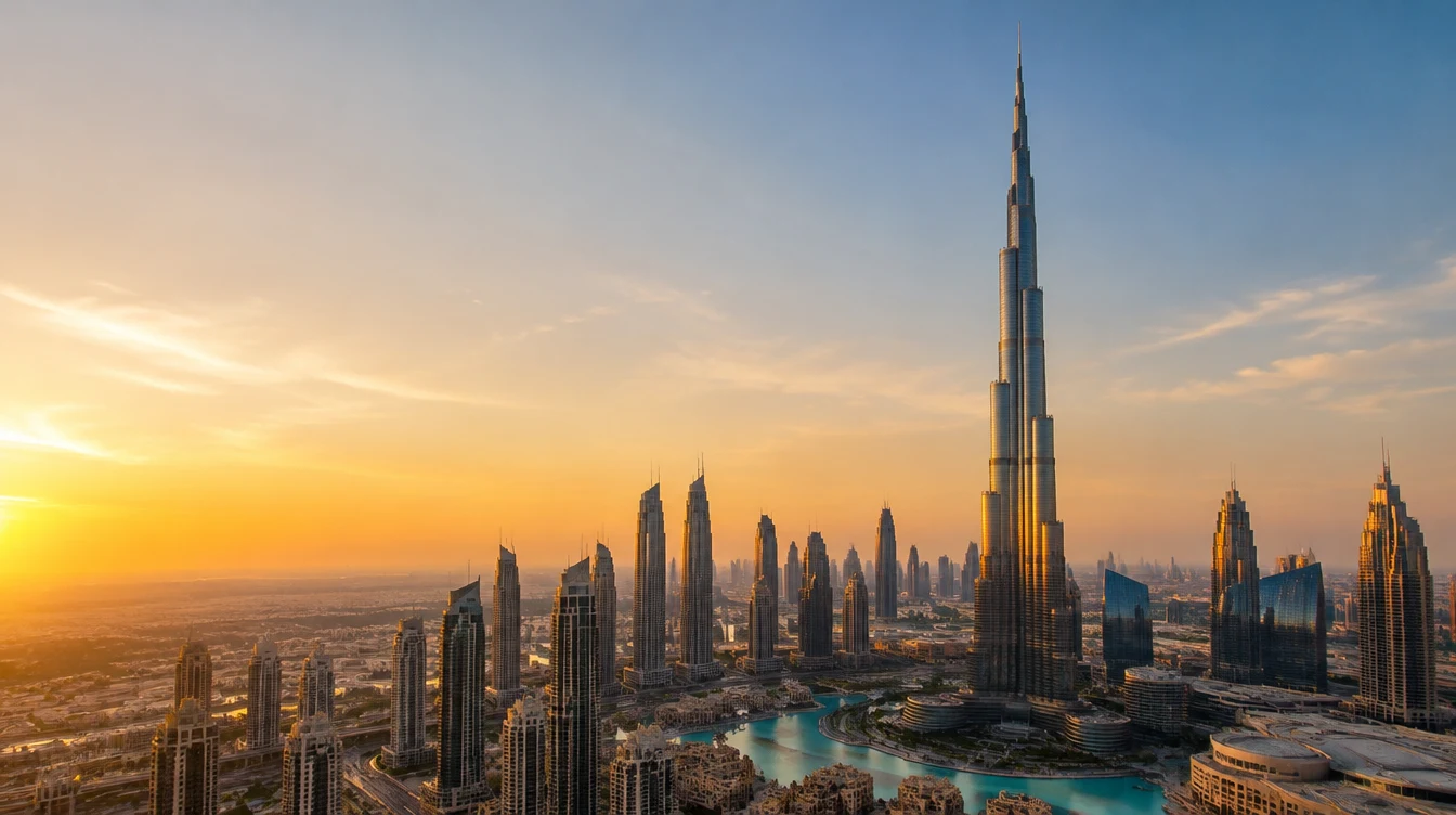 Downtown Dubai skyline at golden hour, with the Burj Khalifa rising above the city