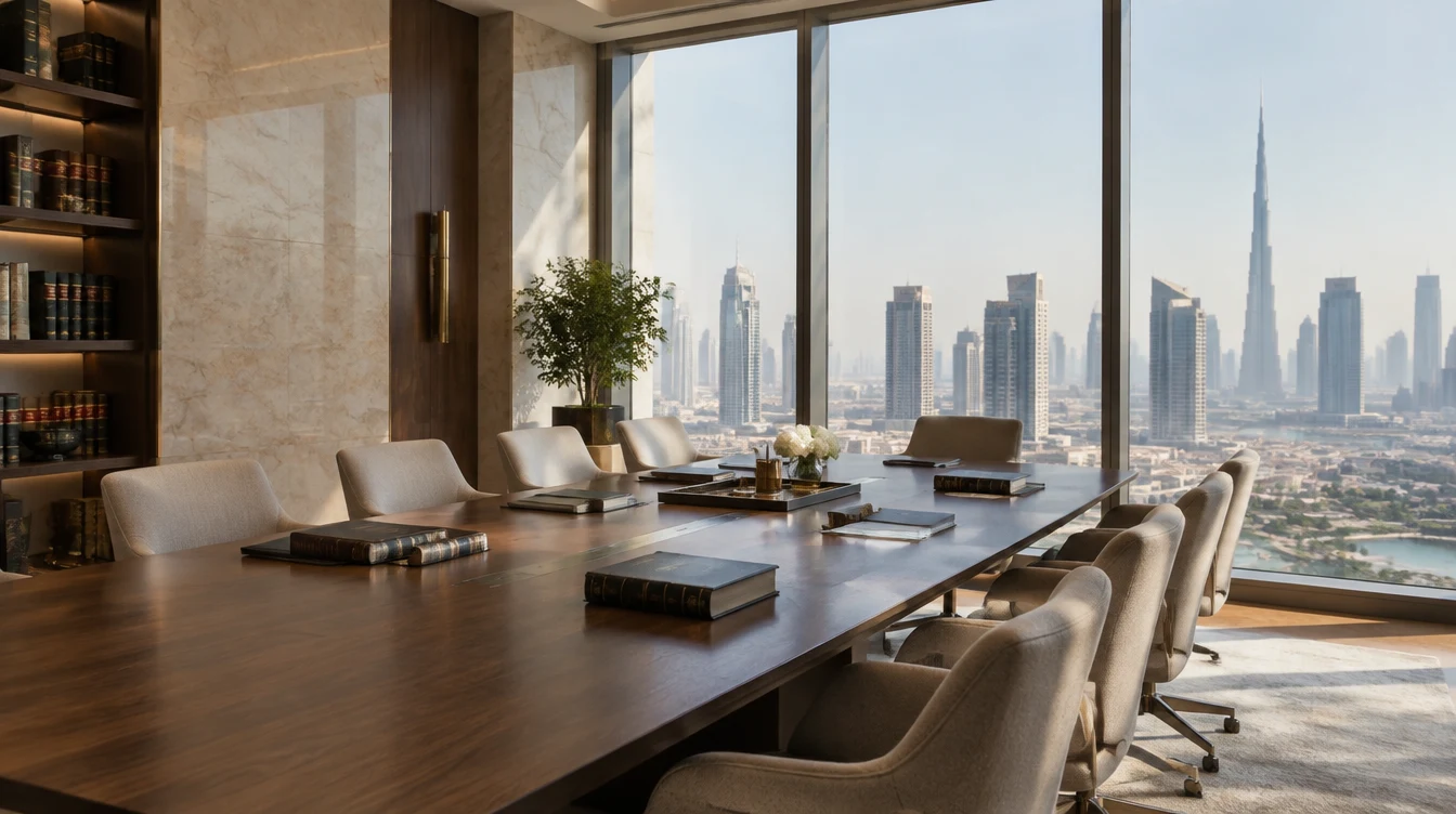 An elegant Dubai executive legal meeting room with floor-to-ceiling windows